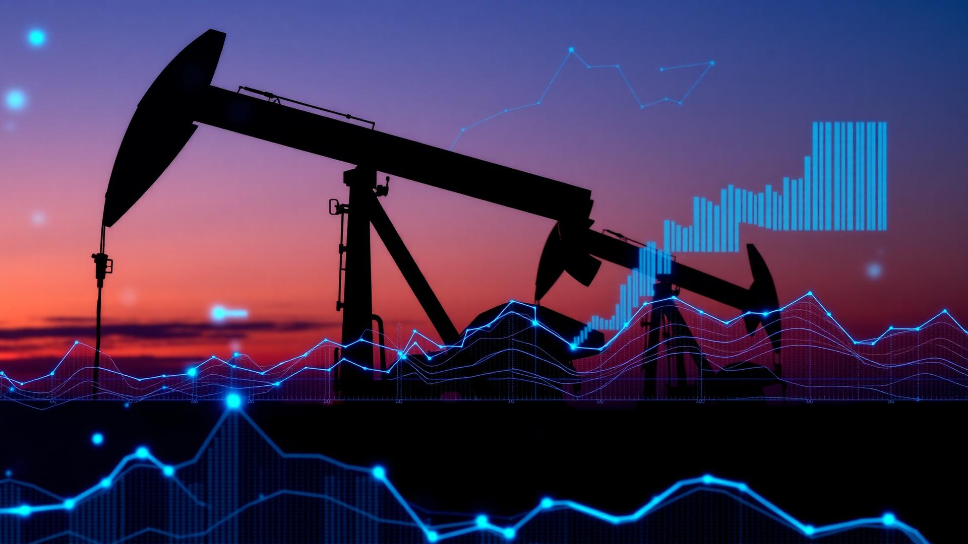 Pumpjack at dusk overlaid with production analytics